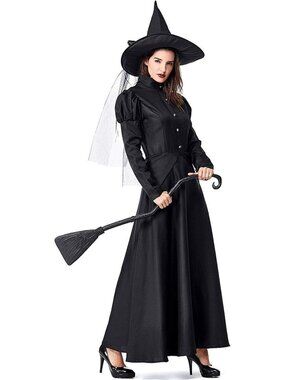 Women's Wicked Witch Costume 4 PC Halloween Deluxe Witchy Dress Black MEDIUM